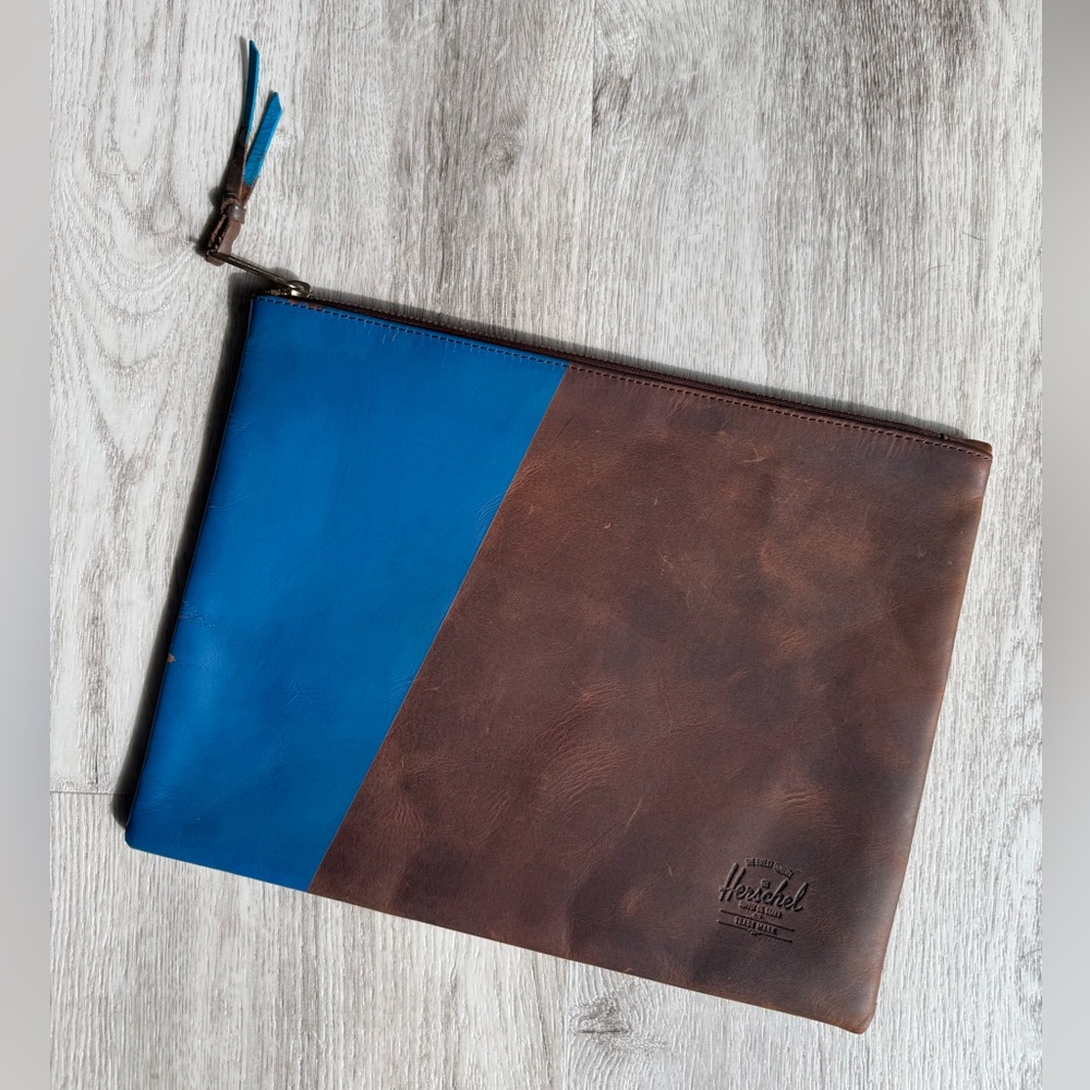 Herschel Supply Co Leather Blue Brown Clutch Pouch Wallet Purse SM Kindle Case
